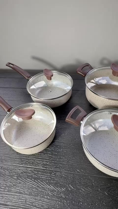 Jogo De Panelas 10 Peças Antiaderente Conjunto Caçarola Frigideira Fervedor Cor Coffee Cappuccino Kit Talheres