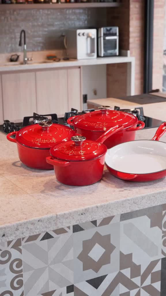Kit Jogo Panelas Esmaltadas Antiaderente Ferro Fundido Chama e Indução Com Inmetro Estilo Creuset