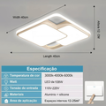 Luminária de LED de Sobrepor Quadrada Bivolt 3 Cores Com Luz Central Dupla Lustre de teto