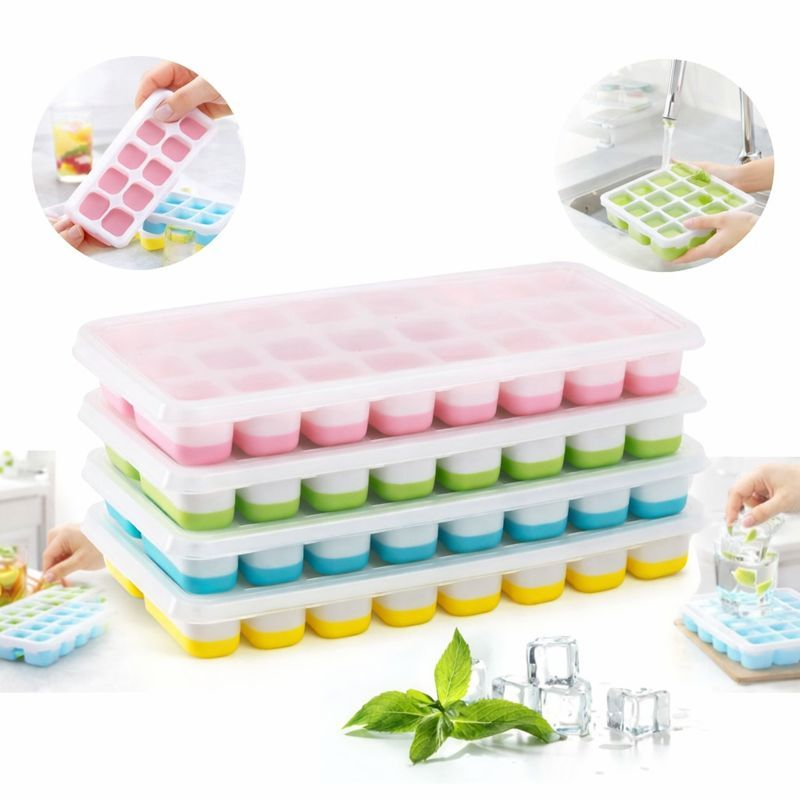 Kit 4 Forma De Gelo Fundo Silicone 14 Cubos Tampa Rígida