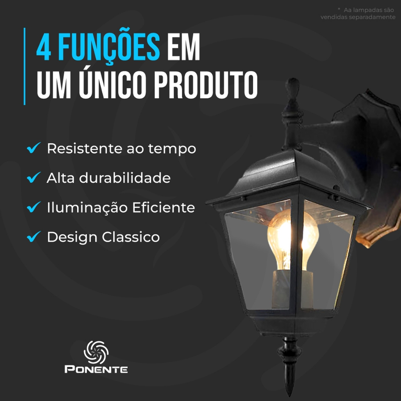 Kit 4 Arandelas de Parede Colonial 4 Faces Alumínio Externa e Interna E27 Ponente