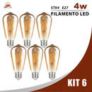 KIT 2 a 6 Lâmpada Filamento LED ST64 4W E27 Âmbar Estilo Retrô Vintage Luz Quente Edison Bivolt