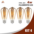 KIT 2 a 6 Lâmpada Filamento LED ST64 4W E27 Âmbar Estilo Retrô Vintage Luz Quente Edison Bivolt